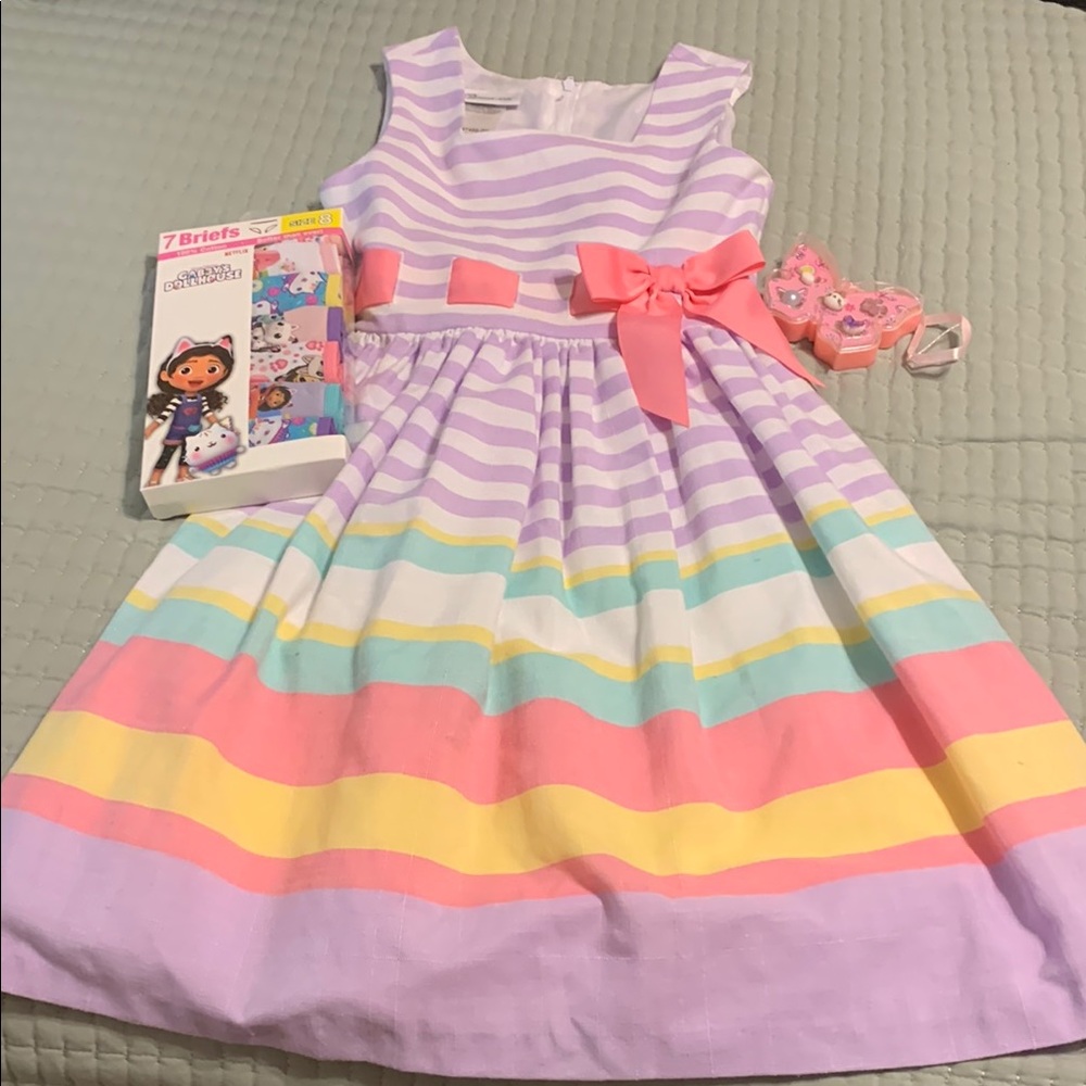 Bonnie Jean Striped Dress W/Bow Cabby’s Dollhouse Underwear Size 8 NEW & 5 Rings